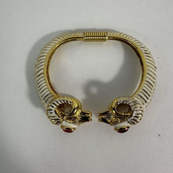 Kenneth Jay Lane, Enamel White Red Jeweled Double Ram Head Bracelet - Picture 1 of 16